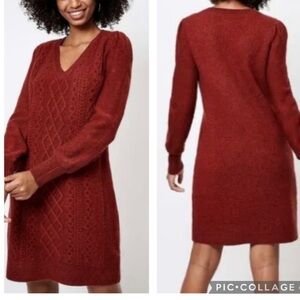 LOFT Rust Long Sleeve Cable Knit Sweater Dress, Puff Sleeve V-Neck, Sz MP